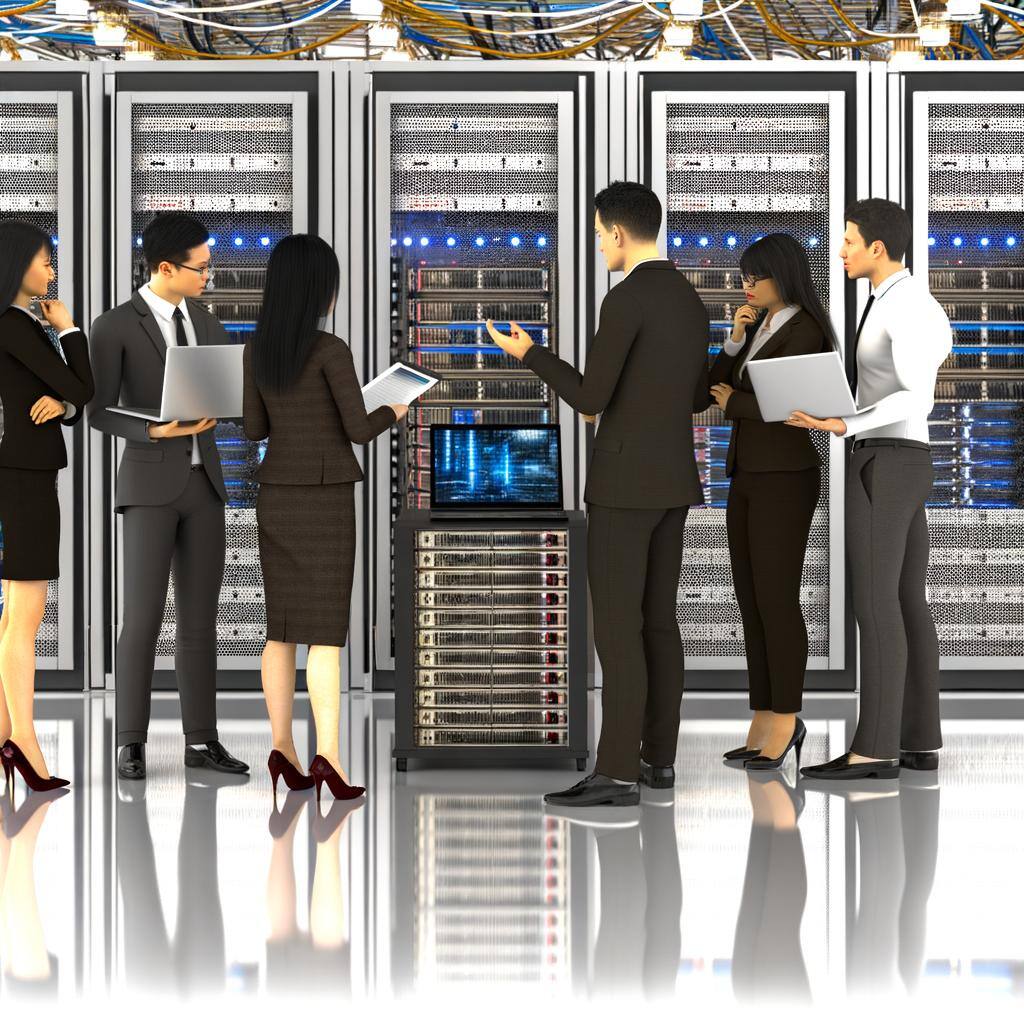 An image of a cloud computing data center with servers and cables neatly organized, surrounded by a diverse group of people in business attire discuss-1