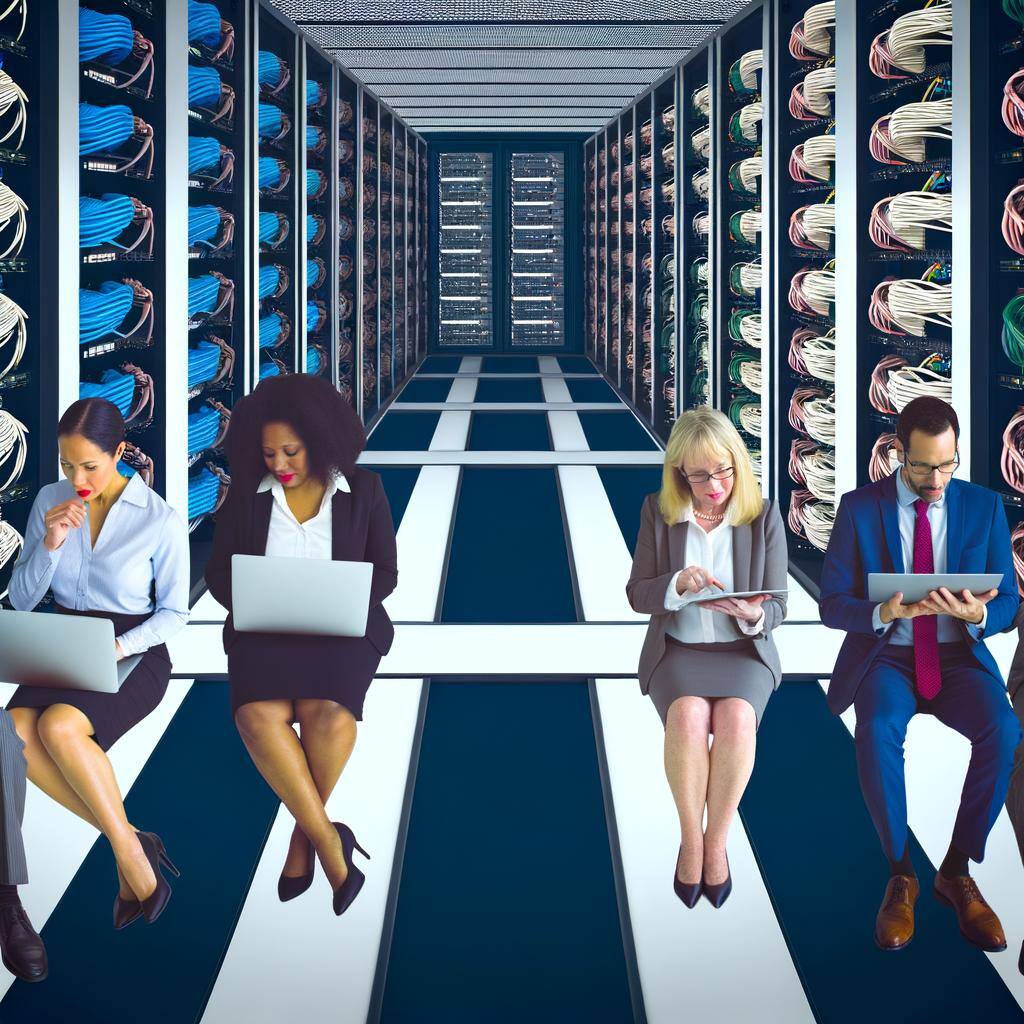 An image of a cloud computing data center with servers and cables neatly organized, surrounded by a diverse group of people in business attire discuss