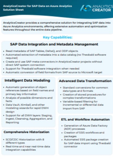 AnalyticsCreator for SAP Data on Azure Analytics Solution Sheet